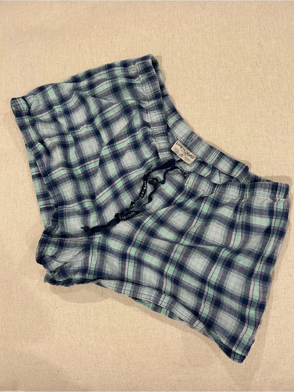 Life Is Good Blue and Green Plaid Women's Lounge Sleep Shorts